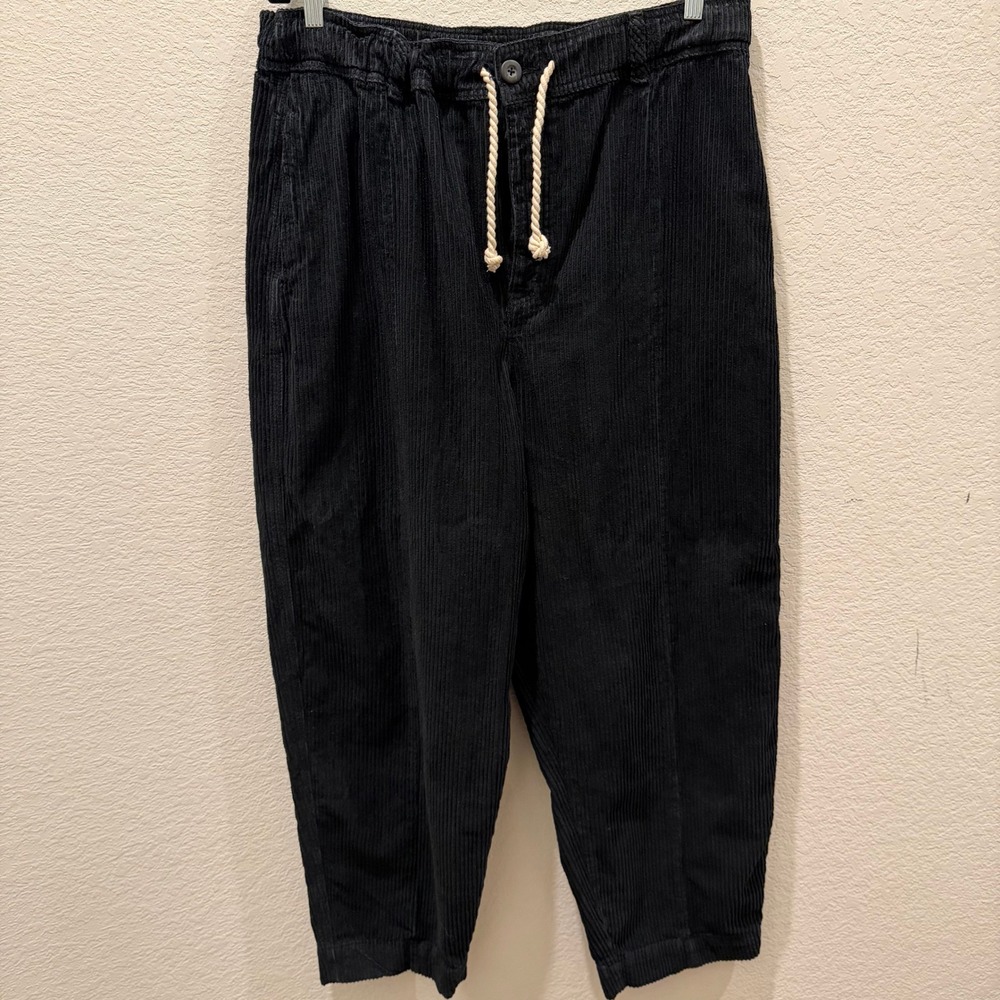 Free People Black Corduroy Tapered Pants XS Rope Drawstring Cropped Trousers